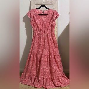 Dusty Floral Ruffle Hem Dress - Red